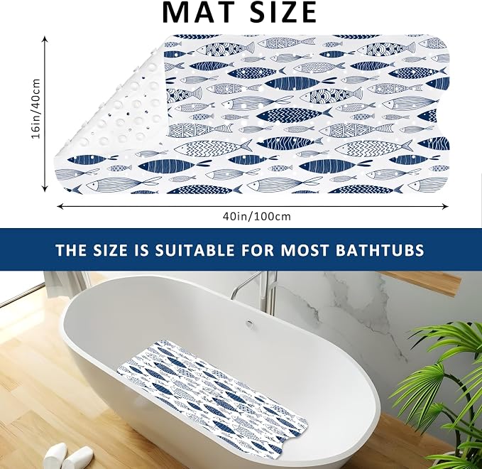 Fish Bathtub Mat Non Slip, Boho Baby Bath Mat for Tub Rubber Tub Mat, Cute Kids Bath Mats for Bathroom Ocean Anti Slip Shower Mat with Suction and Drain Holes Machine Washable, 40″X16″