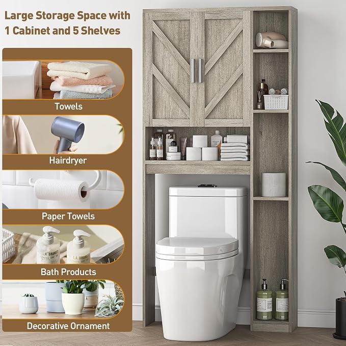 Over The Toilet Storage Cabinet with 7 Storage Shelves, Above Toilet Bathroom Organizer with Toilet Paper Holder Stand, Behind Toilet Cabinet, Space Saver for Restroom, Bathroom, Laundry, Grey