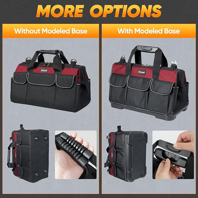 TICONN Heavy Duty Tool Bag with Multi-Pockets, Portable Tool Box Organizer Storage Bag, with Adjustable Shoulder Strap and Ergonomic Handle (Red, 16" Standard Base)