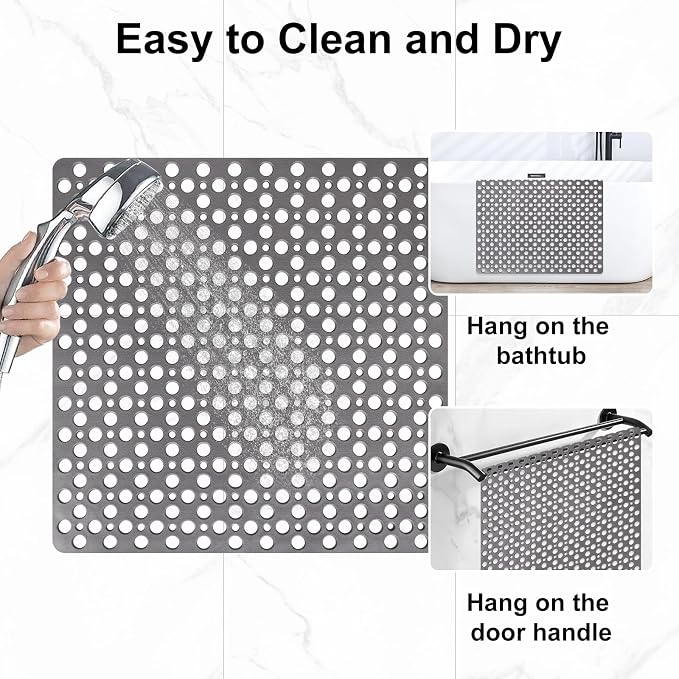 Anti Slip Shower Mat with Suction Cups,27x27 Inch Quick Drain TPE Non Slip Shower Mats for Inside Shower,Large Bath Mat for Shower Soft on Feet, Easy to Dry&Cut Machine Washable
