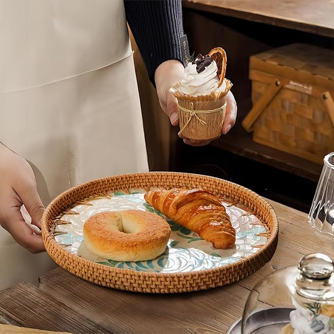 Round Rattan Tray with Mother of Pearl Inlay, Decorative Wicker Serving Tray with Wooden Base, Woven Basket Trays for Bread Fruits Coffee, Peony