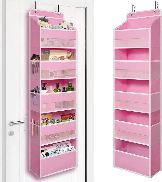 TYMENSH Pink Over Door Organizer with 5 Large Clear Pockets and 6 Side Mesh Pockets, Anti-Tilt Hanging Door Storage for Nursery, Bedroom, Bathroom, Closet, Toys, Baby Essentials