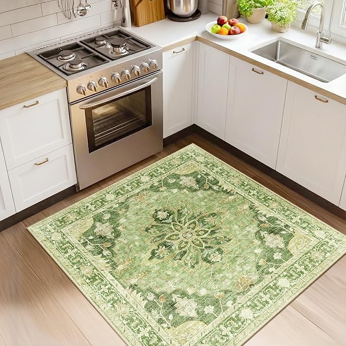 RELEANY Area Rugs Square 4ft Washable Non-Slip, Floral Vintage Distress Medallion Carpet for Living Room Bedroom Dining Room, Sage Green Yellow
