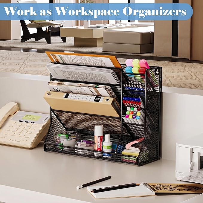 Jakyitvi File Organizer Wall Mounted, 4 Tiers Durable Adjustable Metal Desk Organizer, Desktop Hanging File Holder with 4 Pen Slots Stable, 4 Pull-Out Divider for File, Mail, Black, Patent Pending