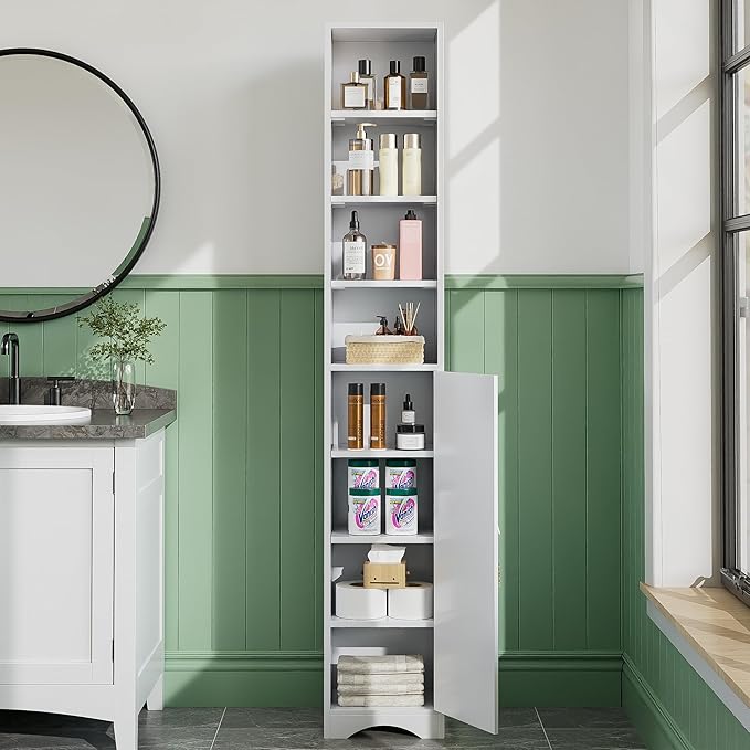 VECELO 71" Tall Narrow Storage Cabinet, Bathroom Storage Slim Freestanding Cabinet with Door & 6 Adjustable Shelves, Anti-Tip Design for Small Space, Kitchen, Living Room, White