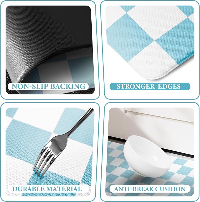 Sky Blue Checkered Grid Checkerboard Kitchen Rug Sets [2 PCs], Anti-Fatigue, Waterproof Non-Slip Kitchen Mats Heavy Duty Ergonomic Comfort Foam Rug for Floor, Home, Laundry,17"x29"+17"x47"