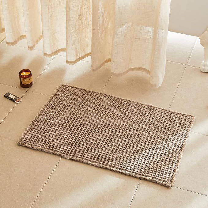 TYUU Waffle Bath Mat, Boho Bathroom Rugs Non Slip Washable Super Absorbent Quick Dry Bath Mat Farmhouse Bathroom Decor, 30"x20" Beige