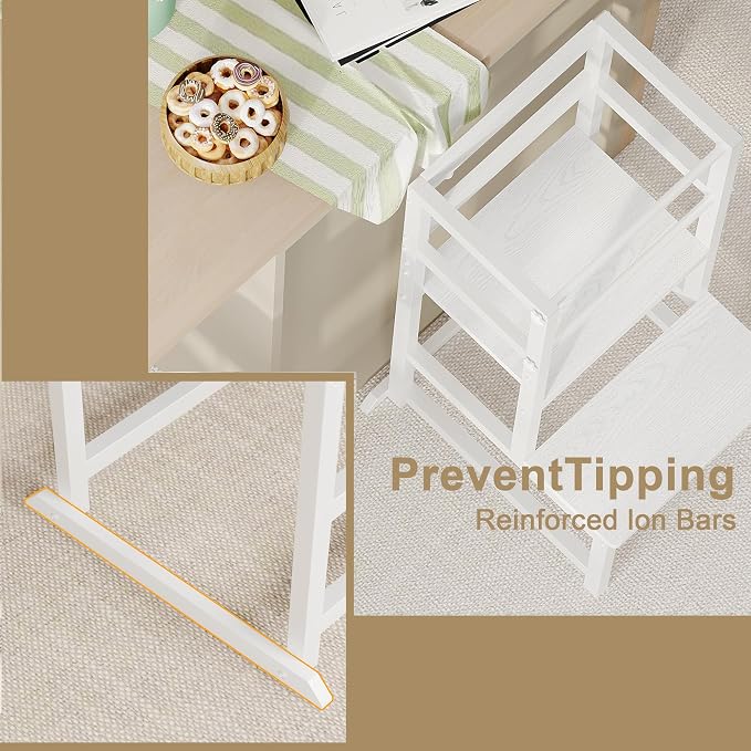 INNOD Kitchen Step Stool for Toddlers, Height Adjustable Toddler Tower with Safety Rail, Steel and Wood Toddler Kitchen Stool Helper Kids, Stool for Kids, Learning Tower, Kids' Desk White