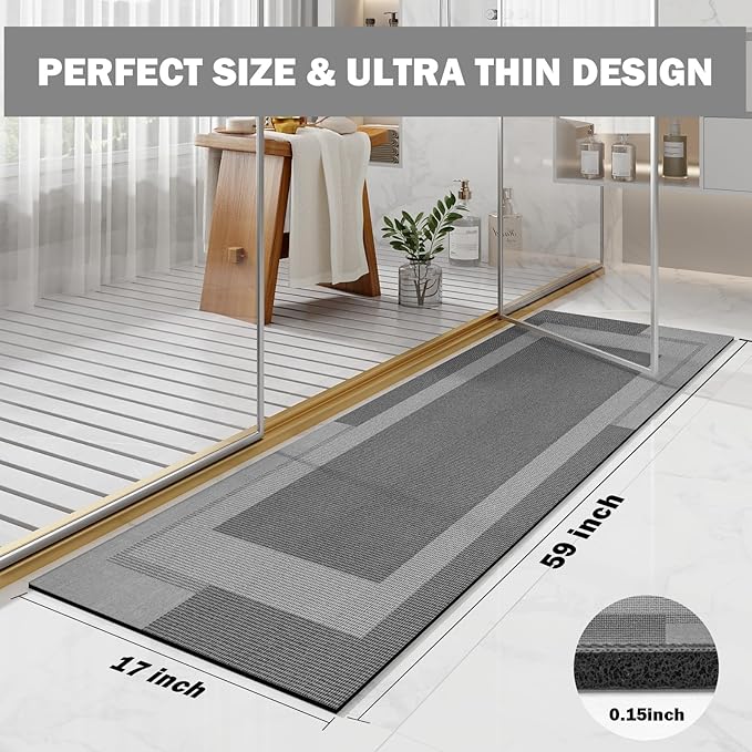 YDKGL Non Slip Long Bathroom Runner Rug Bath Mat, Rubber Backing Ultra Thin Bathroom Rugs Fit Under Door Quick Dry Super Absorbent Washable Shower Mat for Bathtub Sink Floor, Dark Grey 17"x59"