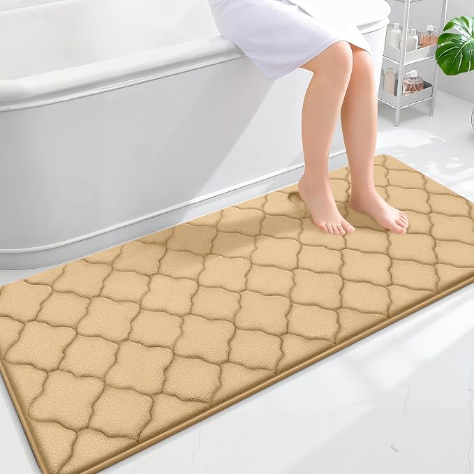 OLANLY Memory Foam Bath Mat Rug 59x24, Ultra Soft and Absorbent Bathroom Rugs, Non-Slip, Comfortable, Machine Washable Bath Carpet for Bathroom Floor, Tub, Shower and Home Decor Accessories, Beige