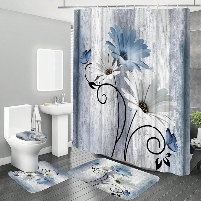 Onalasyc 4PCS Blue Daisy Flowers Plants Shower Curtain Set, Shower Curtain and Carpet and Accessories, Waterproof Bathroom Shower Curtain Decorative Set, with 12 pcs Hooks,71 x 71in