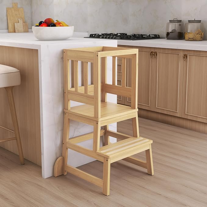 Dream On Me 2-in-1 Funtastic Tower and Step Stool, Toddler Step Tower for Learning & Play, Safety Rails, Anti-Skid Pads, Non-Slip Strips & Stabilizer Fins for Safe Counter Activities - Natural