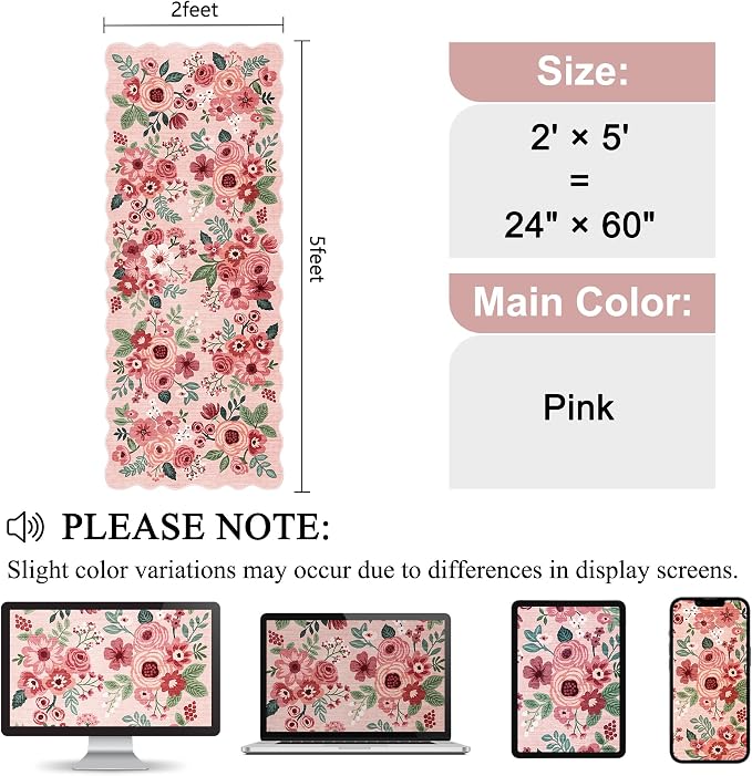 DUKINO 2x5 Washable Runner Rugs, Non Slip Floral Print Entryway Rug with Soft Low Pile, Lightweight Mat for Living Room, Bathroom, Bedroom, Kitchen, Pink