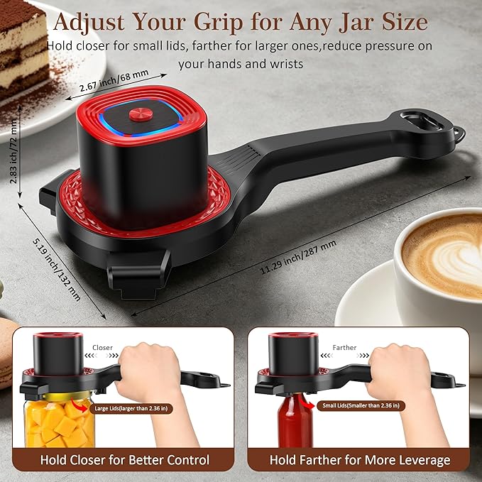 Electric Jar Opener for Seniors with Auto-Adjusting Gripper, Rechargeable Jar & Bottle Openers for Weak Hands and Arthritis, Easy Twist Off Lid Opener with Rubber Gripper Pad, Fits 1"-3.5" Lids(Red)