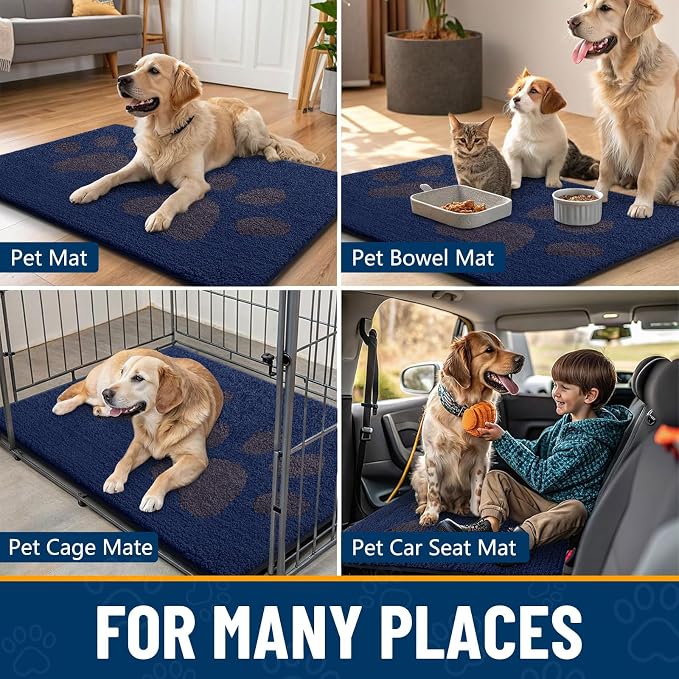 Smiry Dog Door Mat for Muddy Paws, Absorbs Moisture and Dirt, Low-Profile Entryway Mat with Non-Slip Backing, Entry Indoor Outdoor Doormat for Inside Floor (48x30 Inches, Navy Blue, Paw)