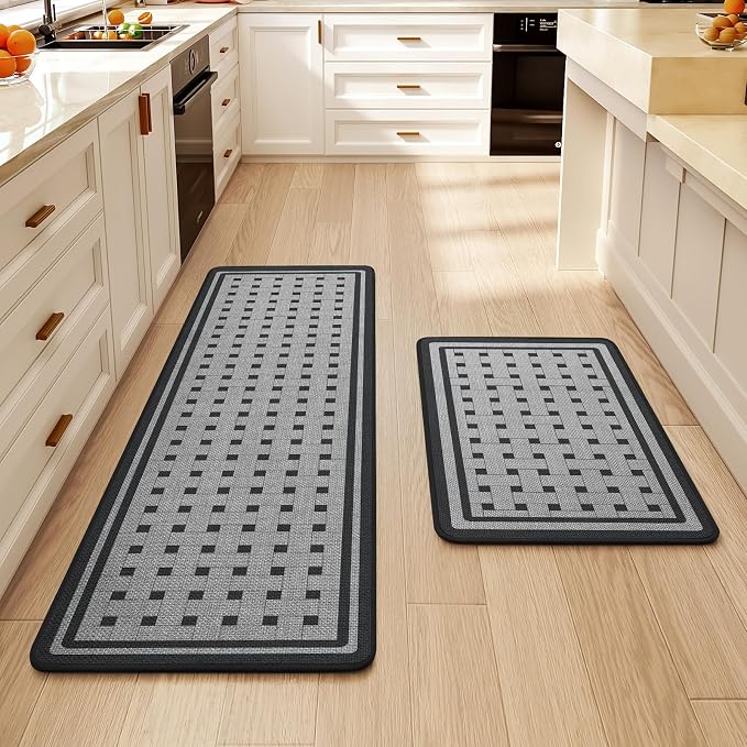 Kitchen Mats for Floor, 17''x30''+17''x47''Kitchen Rugs Set of 2, Washable Absorbent Non Slip Kitchen Mat, Braided Kitchen Runner Rug, Kitchen Sink Rug, Grey