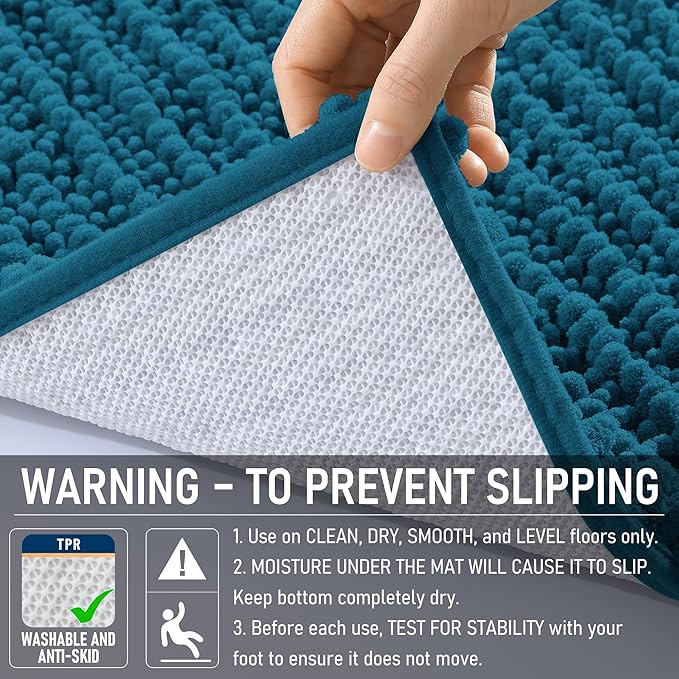 OLANLY Bathroom Rug Mat 36x24, Thick Soft and Absorbent Chenille Bath Mat, Non-Slip Rubber Backing, Machine Washable Quick Dry Bath Rugs for Tub Shower Floor, Home Decor Accessories, Peacock Blue