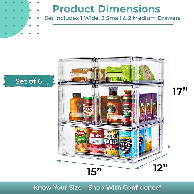 Sorbus Stackable Clear Storage Drawers 5 Pack (1 Wide + 2 M + 2 S) Acrylic Organizers, Pantry Drawers, Bathroom Closet Organizer for Under Sink, Vanity, Makeup, Linen Closet & Hair Product Organizer