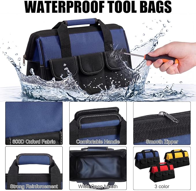 Sanwuta 3 Pack Tool Bag for Men with Waterproof Hard Bottom, Heavy Duty Tool Bag Wide Mouth Tote for Various Instrument, Electrician Carpenter Mechanic (Blue, Red, Yellow,13 Inch,Side Pockets)