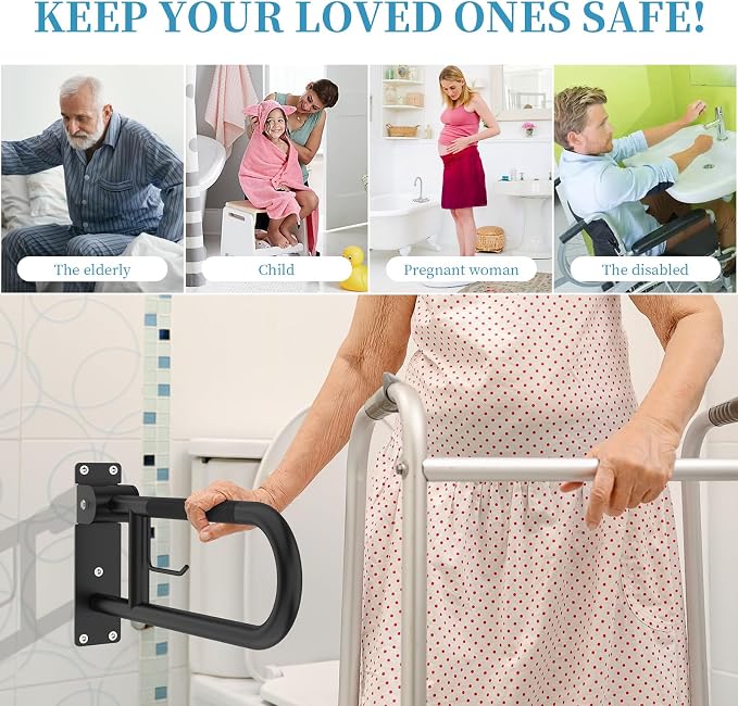 Toilet Grab Bar 24 Inch Black, Munzong Anti-Slip Handicap Grab Bars with Paper Holder, Flip-Up Bathroom Safety Rails, Stainless Steel Knurled Support handrails for Seniors Elderly Disabled Pregnant