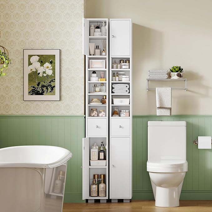 TEENFON Bathroom Cabinet, Narrow Bathroom Storage Cabinet with 5 Adjustable Shelves & Drawer, Freestanding Cupboard for Small Spaces, White