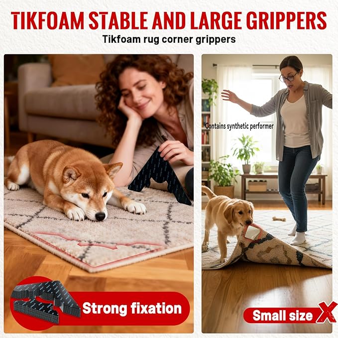 Rug Non Slip Grippers, Reusable Rug Tape, No Damaging for Floor, Carpet Corner Stickers for Hardwood Floors and Tiles, Strong Hold Carpet Gripper for Area Rugs, 24Pcs
