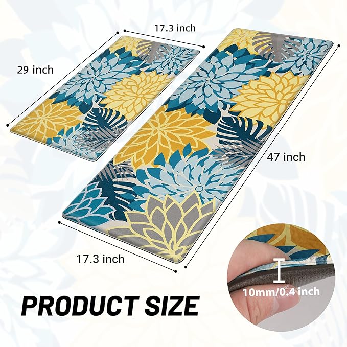 Arenarug Kitchen Mats for Floor 2PCS Cushioned Anti Fatigue Kitchen Mats Waterproof Non Slip Kitchen Rug Set Comfort Foam Standing Mat for Sink, Laundry, Office,17.3" x 28" + 17.3" x 47", Yellow Teal