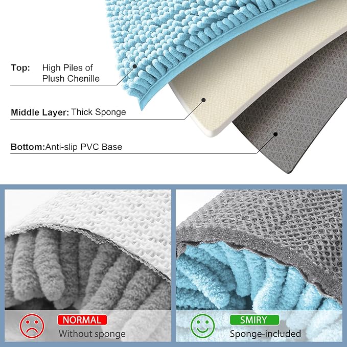Smiry Luxury Chenille Bathroom Rugs 36x24, Extra Soft and Absorbent Shaggy Bath Mat, Machine Washable, Non-Slip Plush Carpet Runner for Tub, Shower, and Floor, Home Decor Accessories, Sky Blue