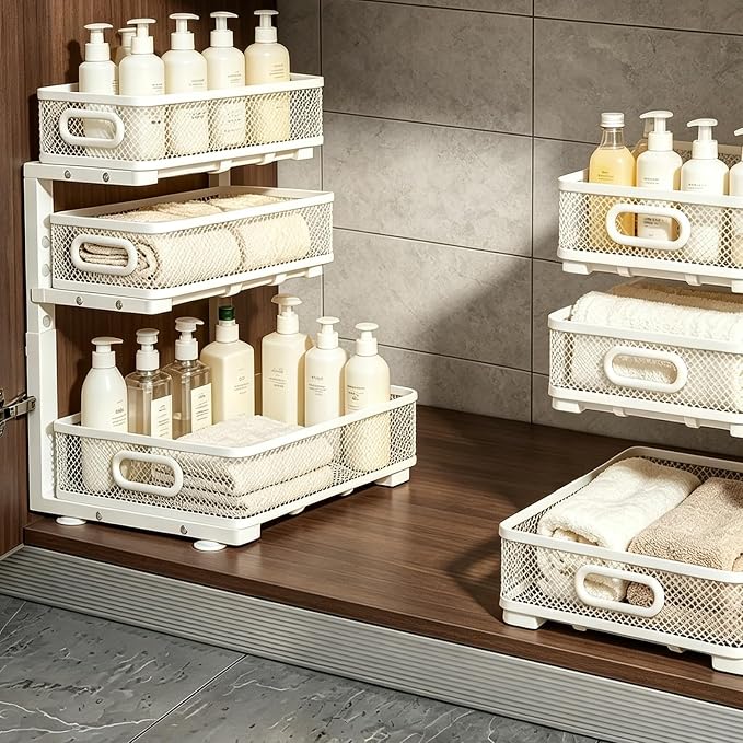 2 Pack 3 Tier Under Sink Organizer, Height Adjustable Heavy Duty Metal Under Cabinet Drawer Pull Out Shelf with Smooth Silent Sliding Design, Organizer and Storage Rack for Kitchen, Bathroom, White