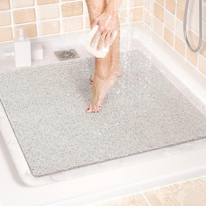 LuxStep Shower Mat Bathtub Mat,24x24 inch, Non-Slip Bath Mat with Drain, Quick Drying PVC Loofah Bathmat for Tub,Shower,Bathroom (Phthalate Free,White)