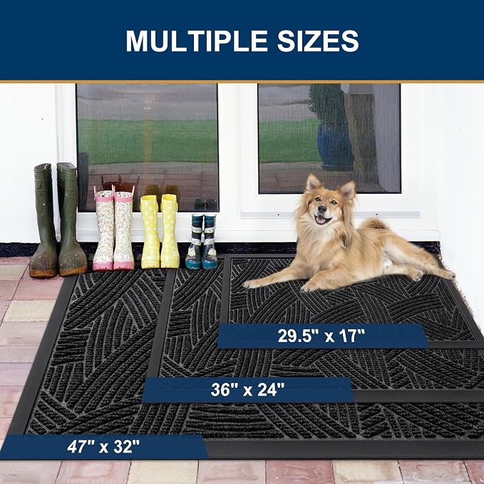 Smiry Front Door Mat Outside Entrance, Heavy Duty Sturdy Natural Rubber Doormat, Trap Dirt and Moisture, Easy Clean Low Profile Mats for Indoor Outdoor Entry, Interwoven Stripes 35x23, Black