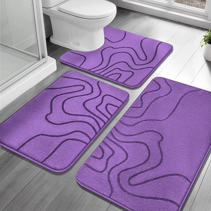 YIHOUSE Memory Foam Bathroom Rugs Sets 3 Piece - Extra Thick Ultra Soft Absorbent Bath Mat Set, Non-Slip Machine Washable Bath Rugs for Bathroom, Tub & Shower, Home Decor Accessories, Purple
