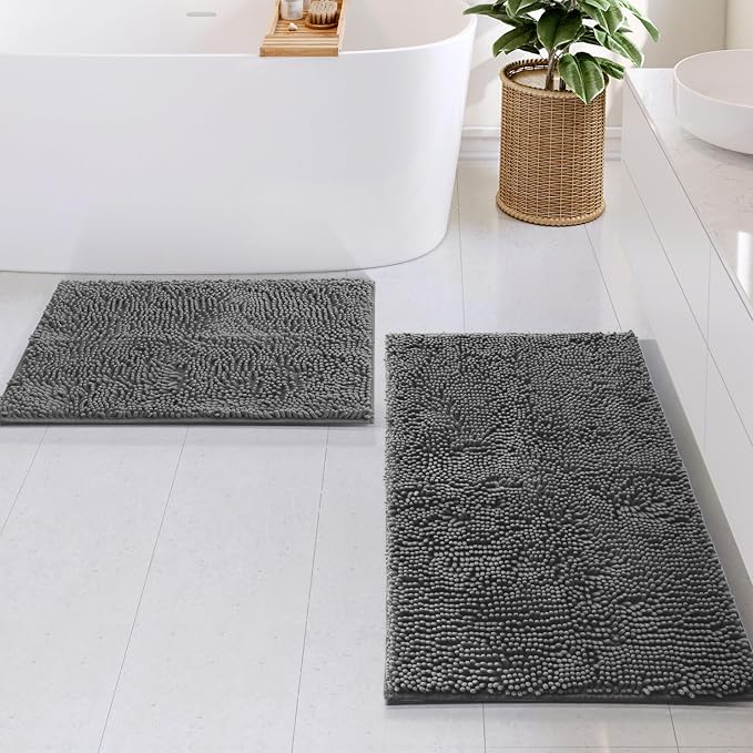 Hearth & Harbor Bathroom Rug Set, 2 Piece Chenille - Grey, Quick Dry, Non-Slip, Machine Washable - Bath Mat Size 17x24, 20x32 inches