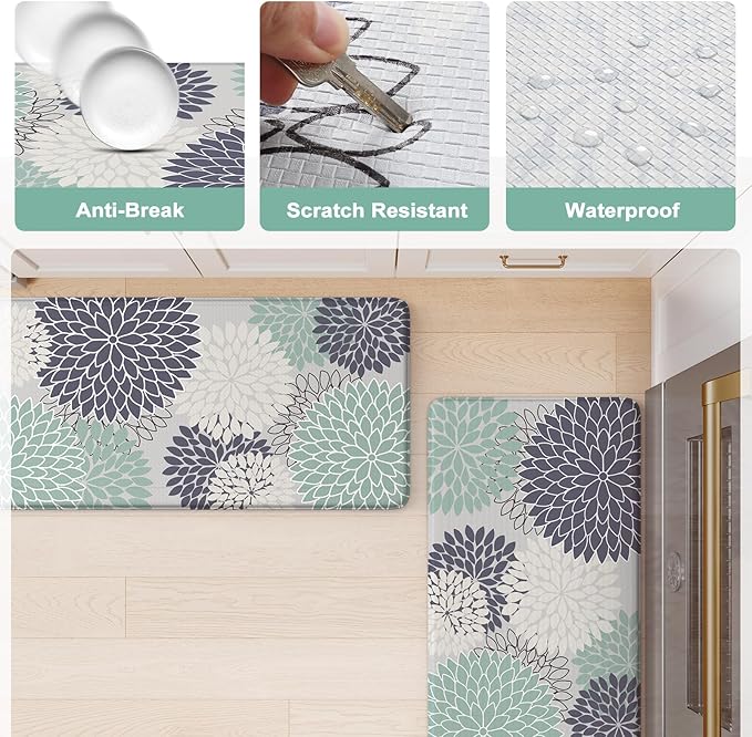 Anti Fatigue Kitchen Mat 2PCS,Boho Dahlia Floral Kitchen Rugs Non Slip Rubber Backing,Waterproof Farmhouse Kitchen Mat for Floor,Cushioned Standing Mat for Office,Laundry,Sink,Desk,Multi Cyan