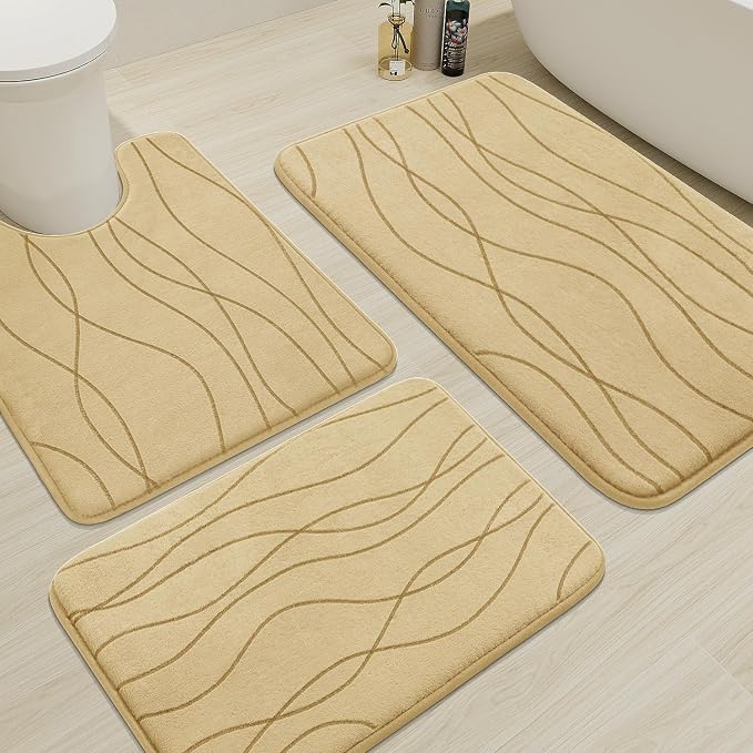 YIHOUSE Memory Foam Bathroom Rug Sets, 3 Piece, Beige | Ultra Soft, Absorbent, Non-Slip, Machine Washable