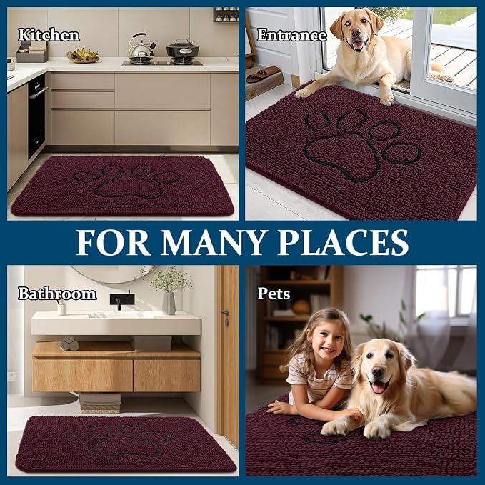 OLANLY Dog Door Mat for Muddy Paws 30x20, Paw Print Design, Absorbs Moisture and Dirt, Absorbent Non-Slip Washable Doormat, Quick Dry Chenille Mud Mat for Dogs, Entry Indoor Entryway Carpet, Russet