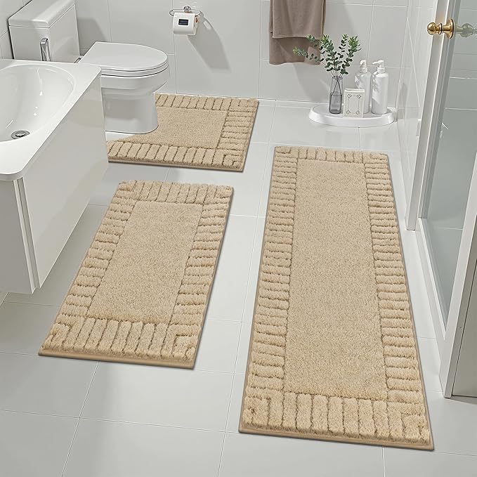 Pauwer Bathroom Rugs Sets 3 Piece Bathroom Shower Rugs with U-Shaped Contour Toilet Mat Absorbent Microfiber Plush Bath Mats Non Slip Bath Rug Machine Washable Shaggy Bath Mat Set, Beige