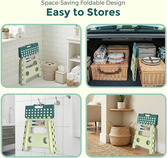 ACKO Folding Step Stool 13 Inch, Sturdy Collapsible Step Stool Foldable Up to 300 lbs for Adults, Non Slip Lightweight Foot Stools with Handle, Ideal for Kitchen, Bathroom, Bedroom, Garden, Green