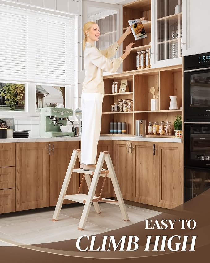 2 Step Ladder, Folding Step Stool with Wider Pedal, Anti-Slip Feet & Non Slip Stripes, Aluminum Sturdy Material, 300Lbs Capacity, Elegant Look of Cream Chocolate Better Matches Your Home