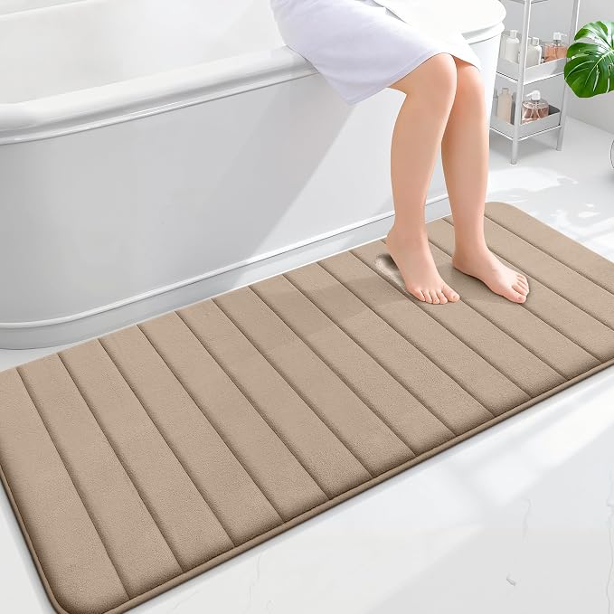 OLANLY Memory Foam Long Bathroom Rugs Runner 59x24, Super Soft Absorbent Bath Mat, Quick Dry, Machine Washable Shower Floor Rugs, Bathmat Carpet, Bathroom Home Decor Accessories, Tan