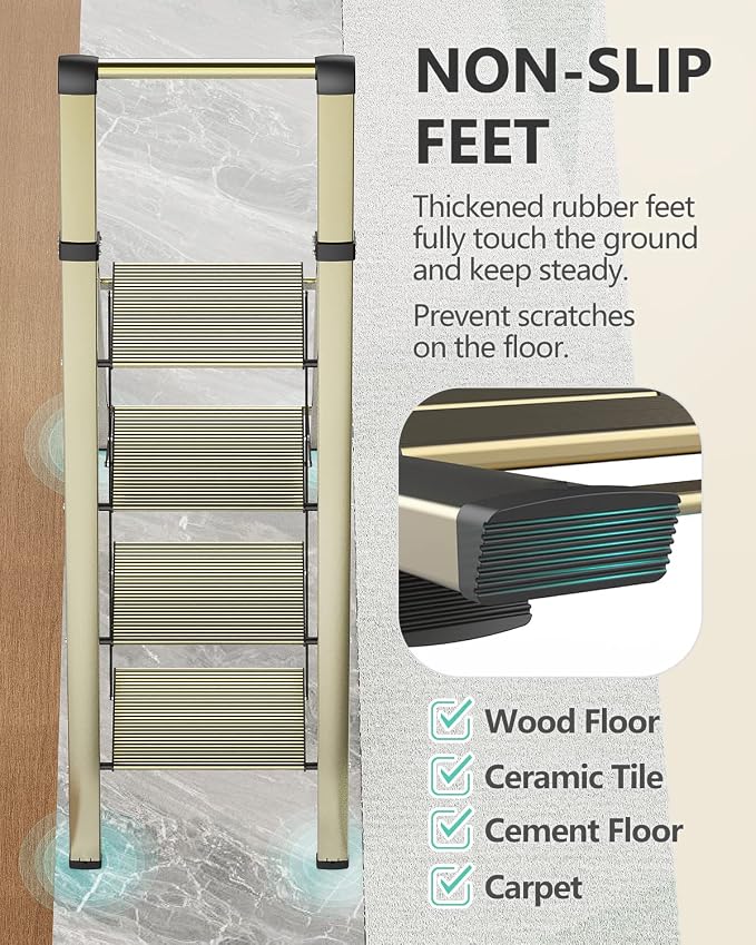 WOA WOA 4 Step Ladder, Ladders for Home, Anti-Slip Pedals, Aluminum Step Stool Foldable, Lightweight to Move, Ease of Storage, Reach 9ft for Closet Kitchen Library, Hold 300lbs - Gold