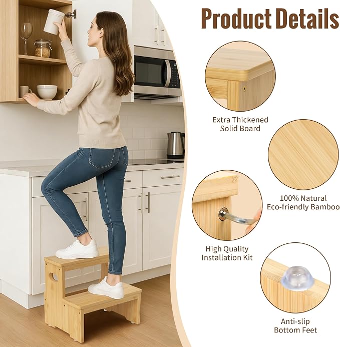 Two Step Stool for Adults and Kids, 450lbs Heavy Duty Step Stool, Bamboo Step Stool for High Beds, Portable Helper Step Stairs for Kids, for Kitchen, Bathroom, RV, Bedside Step Stool, Natural