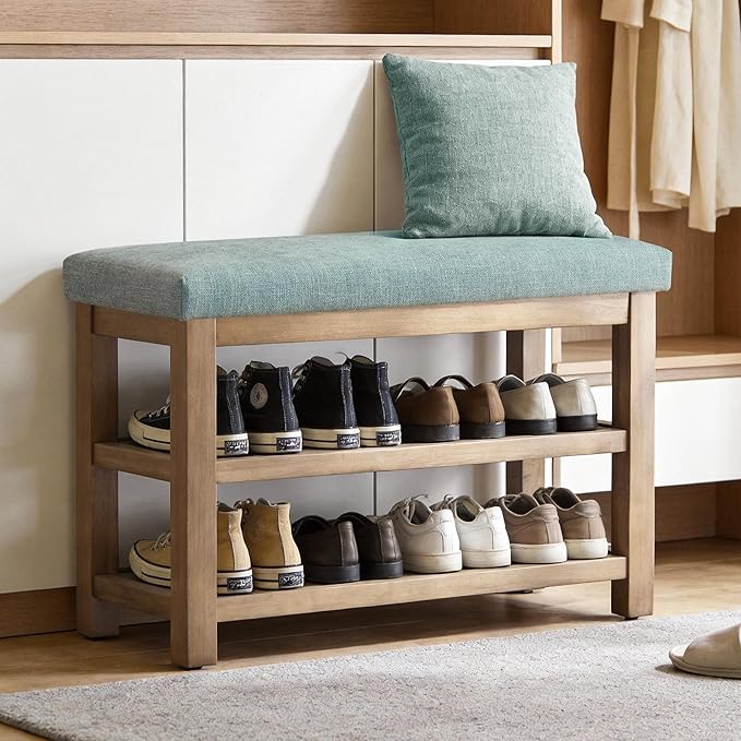 Zihanhome 2 Tier Shoe Rack Bench with Cushion, Solid Wood Shoe Benches, Mid-Century Modern Shoe Storage Bench for Entryway, Hallway, Living Room, Closet, Front Door Entrance, (Teal, 31.5")