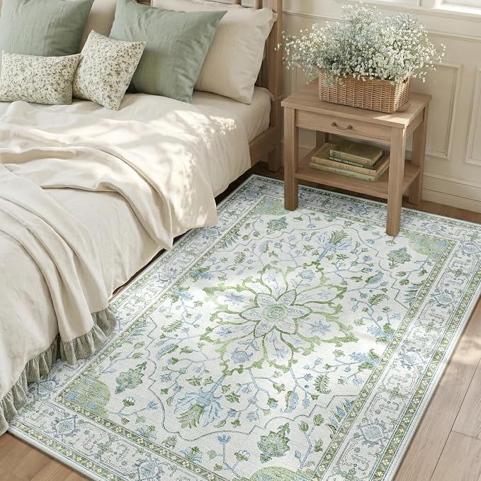 RELEANY Area Rugs 3'x5' Washable Non-Slip, Floral Vintage Distress Medallion Carpet for Living Room Bedroom Dining Room, Green White Blue