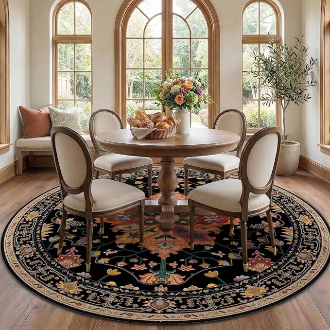 RELEANY Area Rugs Round 7ft Washable Non-Slip, Floral Vintage Distress Medallion Carpet for Living Room Bedroom Dining Room, Black Colorful Floral Dark Tan