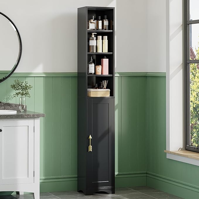 VECELO 71" Tall Narrow Storage Cabinet, Bathroom Storage Slim Freestanding Cabinet with Door & 6 Adjustable Shelves, Anti-Tip Design for Small Space, Kitchen, Living Room, Black