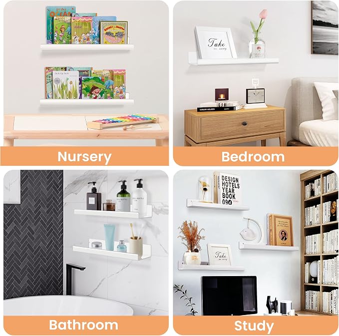upsimples Acrylic Shelves for Wall Decor, 15" Display Shelf Perfume Organizer for Bathroom, Bedroom, Living Room, Floating Bookshelves for Kids, White, 4 Pack