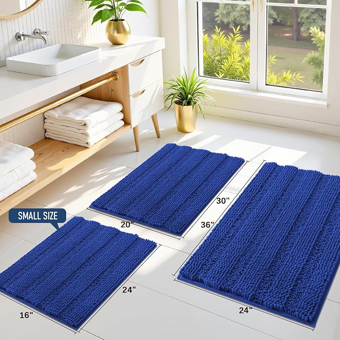 Grandaily Chenille Striped Bathroom Rugs 24x16, Extra Thick and Absorbent Bath Mats, Non-Slip Soft Plush Shaggy Shower Carpet, Machine Wash Dry, Bath Rug for Bathroom, (Small, Cobalt Blue)