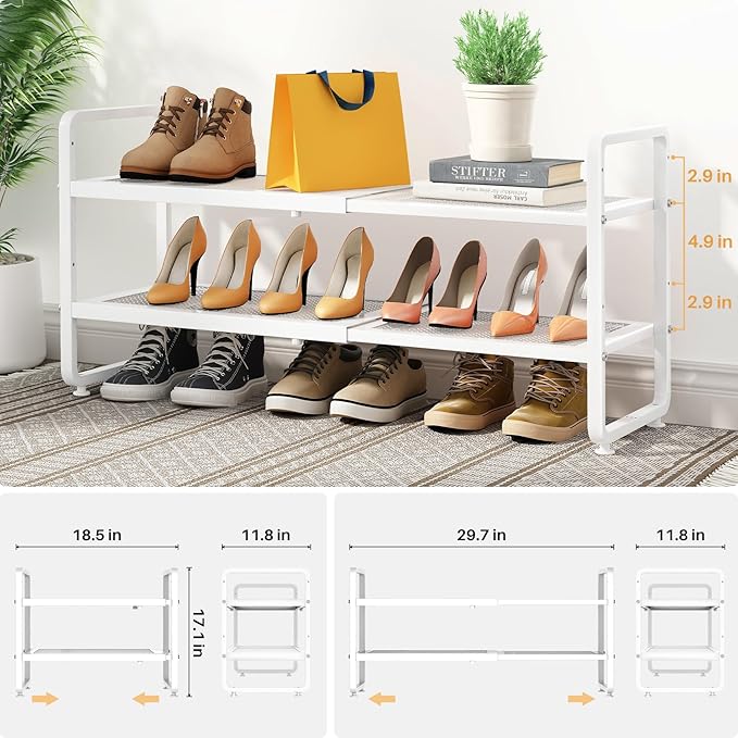 SNTD Shoe Rack - Expandable Shoe Organizer for Closet, Adjustable Metal Shoe Shelf Storage, Stackable Long Shoe Stand Holder for Garage, Entryway, Door Entrance (White, 2-Tier)
