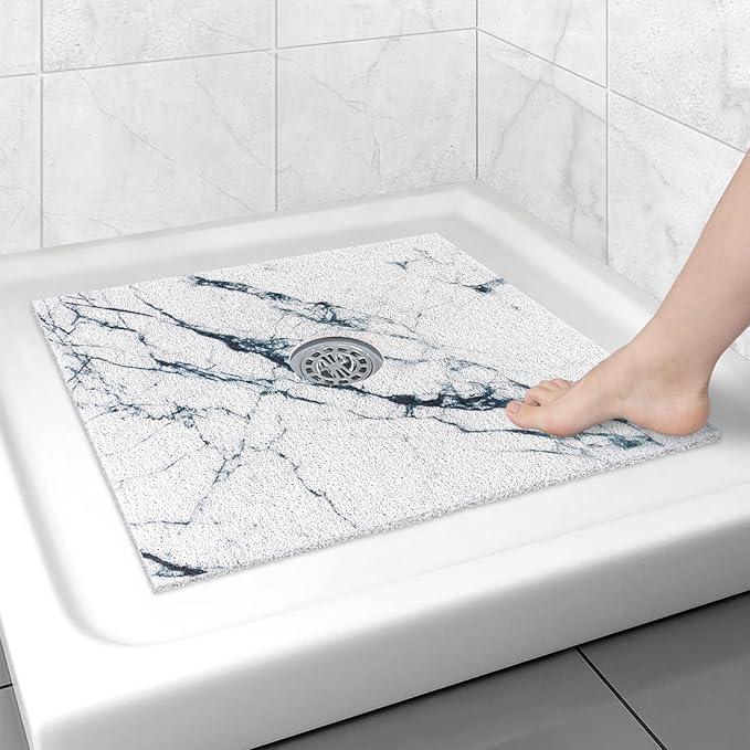 Square Shower Mat Non Slip: 24x24 Inch Shower Floor Mat with Drain Hole in Middle, Super Soft and Comfortable PVC Loofah Massage Bath Mat for Shower, Anti Slip Shower Stall Mat, Quick Drying